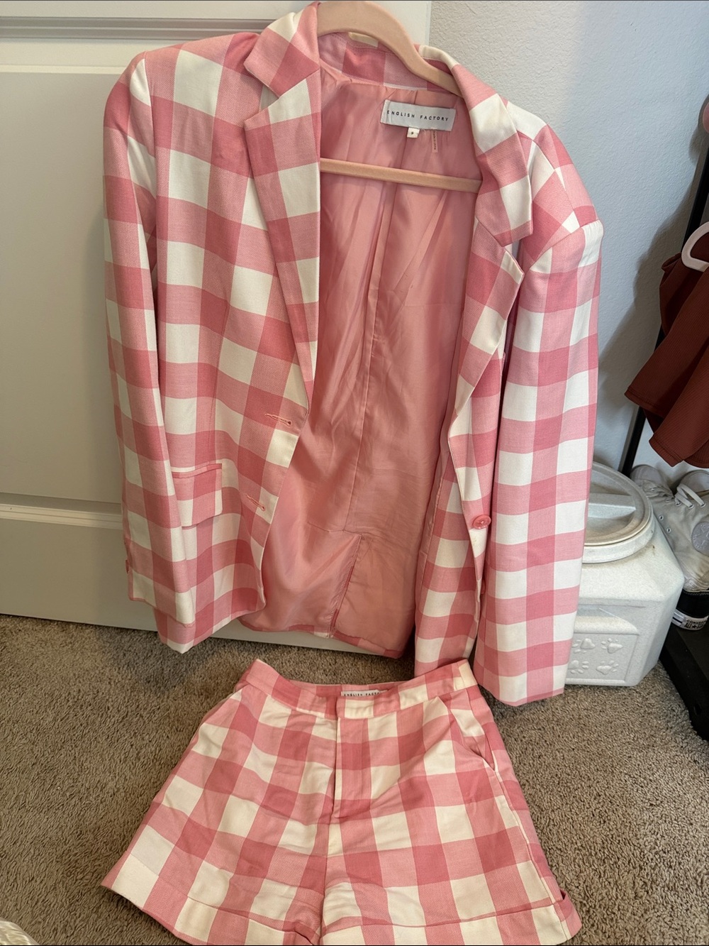 English Factory Pink and White Gingham Blazer & Shorts Pajama Set